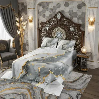 feelingyou Graue Marmor Tagesdecke 220x240cm Weiß Grau Gold Glitzer Gesteppte Bettdecke Abstrakte Steintextur Bettdecke 3er Set für Teens Room Decor, Marmorierte Bettdecke mit 2 Kissenbezügen