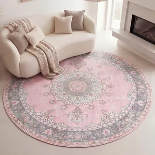 FRAAI | Home & Living Vintage Teppich Rund - Lily Medaillon Rosa - Ø 120 cm