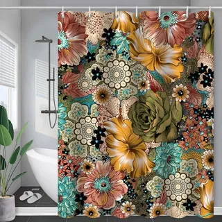 Mandala-duschvorhang In Orange-braun, Schimmelresistent, Wasserdicht, Waschbar, Aus Polyestergewebe, Für Badezimmer, Badewanne, Hotel, Mit 12 C-haken (150 X 180 Cm)