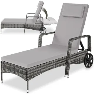tectake Poly Rattan Gartenliege mit Rollen, 6-Fach höhenverstellbarer Liegestuhl, bis 120kg belastbar, Sonnenliege Rattan (wetterfest), Liege inkl. Polster und Kissen - grau/hellgrau