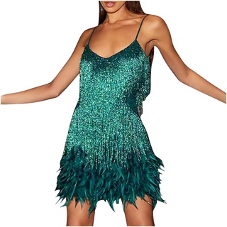 Party Ballkleider Pailletten Minikleid Damen Fransen Kleid mit Feder, Sexy V-Ausschnitt Kleider Ärmelloses Cocktailkleid Elegant Abendkleid Glitzer Abschlussballkleid Club Kleidung Frauen Brautkleider - XL