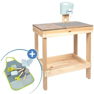 Small Foot Outdoor-Spielküche Natur, Matschküche Kinder Outdoor Garten Spielküche mit Gartenschürzen Set
