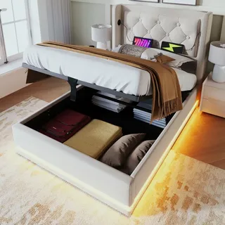 okwish Boxspringbett Polsterbett 90 x 200 cm mit Kopfteil mit USB-Ladeanschluss und LED-Beleuchtung, Hydraulisches Stauraumbett mit Bettkasten Stau... - Beige