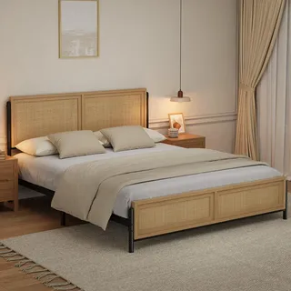 Niwugady Massivholz Bettgestell mit Rattan-Kopf- und Fußteil – Bettgestell 200 x 140 x 111cm mit Stabile Metalllatten, Einfacher Aufbau, Viel Stauraum, Ohne Boxspring – Naturholzfarbe
