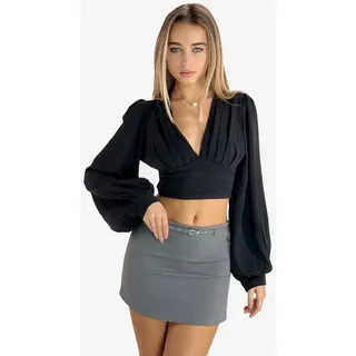 Elara Blusentop – Cropped Bluse mit V-Ausschnitt und Smokbund schwarz M