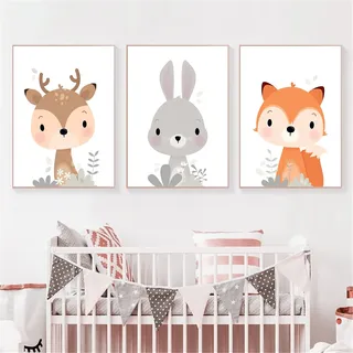 CULASIGN 3er Set Bilder Kinderzimmer, Tiere Kinderposter ohne Rahmen, Poster Babyzimmer Deko, Waldtiere Wandbilder für Kinder Junge Mädchen (ABC,40x50cm)