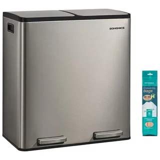SONGMICS Mülleimer Abfalleimer 2 oder3 Fächer, Mülleimer 30L 54L 60L, 15Müllbeutel, Stahl, Tretmülleimer Softclose-Deckel, herausnehmbare Inneneimer grau|silberfarben 60 l