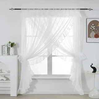 Seibeh Tex Fenstervorhang im Shabby-Chic-Stil, doppellagig, durchsichtig, gerüscht, Priscilla, mit Raffhaltern, 254 x 213,4 cm, Weiß