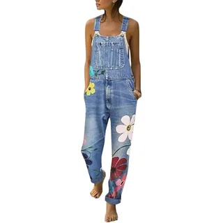 shownicer Damen Denim Jeans Latzhose Overall Blumen Jeansoptik Klasse Vintage Jeans Lang Lässig Baggy Stylisch Jumpsuit Hüftjeans Blau 42 - 42