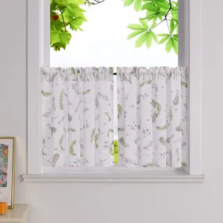 HeichkelL 2er Set Scheibengardinen Halbtransparente Bistrogardine mit Farbige Blumen- und Federmuster Landhaus Kurzstores Gardinen Weiß mit Kräuselband HöhexBreite 120x125cm