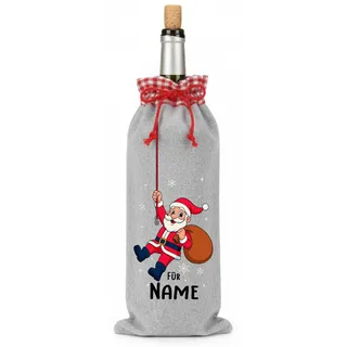 Lustiger personalisierter Flaschenbeutel Weihnachten mit kletterndem Weihnachtsmann & Wunschnamen – Filz Geschenkverpackung für Weinflasche & Spirituosen, 15×38 cm