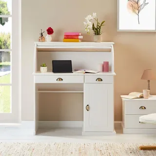 Sekretär TOM mit Rolladen, Weiß - Schreibtisch mit Stauraum, 2 Schubladen mit schönen Muschelgriffen, Landhausstil für Wohnzimmer und Büro - Weiß