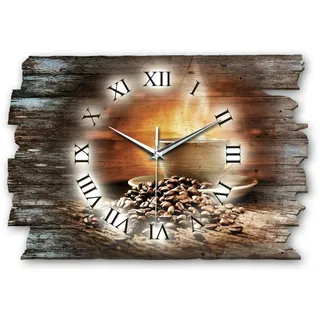 Kreative Feder Designer Wanduhr „Kaffee II“ aus Holz 40x27cm im Shabby Style Design - Designeruhr mit flüsterleisem Uhrwerk ohne Ticken (Kaffee II, leises Quarzuhrwerk)