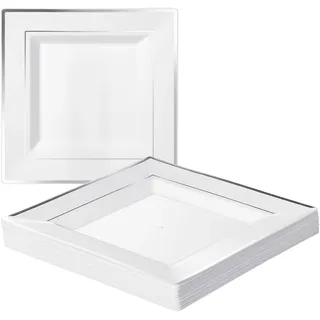 MATANA 40 Weiße Plastikteller mit Silbernem Rand (Eckig, 24cm) - Mehrweg Kunststoffteller, Partyteller für Hochzeiten, Geburtstage, Partys - Elegantes & Stabiles Partygeschirr