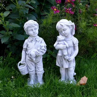 gartendekoparadies.de Gartenfigur Set Junge und Mädchen, Steinfiguren, H. 42/43 cm, je 6 kg, Frostsicher grau
