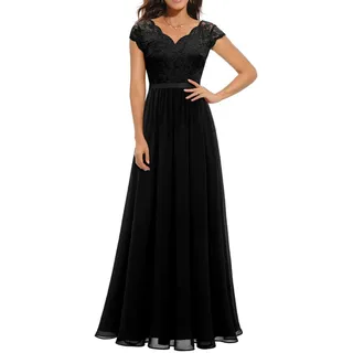 CHOUBAGUAI Damen Spitze Patchwork Maxi Langes Abendkleid Einfarbig Rückenfrei V-Ausschnitt Kleid mit hoher Taille Hochzeit Partykleid-Schwarz-S