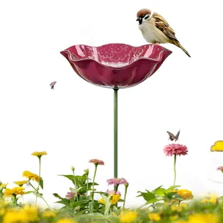Keramik Vogeltränke Blume, Stehende Vogelbad Gartenstecker mit Stab, Wetterfest Frostsicher für Garten & Balkon, auch als Insektentränke nutzbar