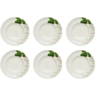 KHG 6er Set Pastateller, extra groß mit 30cm Durchmesser in Basilikum Print, perfekt für Gastro und Zuhause, hochwertiges Porzellan, Suppenteller, Salatteller, Spühlmaschinengeeignet
