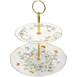 MamboCat Dancing Butterflies Etagere 2-stöckige aus Porzellan & Metall I Ø21cm I floral mit Goldrand I Servierplatte mit Tragegriff I auch für Obst, Gebäck oder als Deko-Accessoire