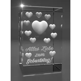Dekofigur 3D Glasquader viele Herzen I Alles Liebe zum Geburtstag!, Hochwertige Geschenkbox, Made in Germany, Familienbetrieb