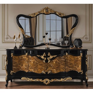 Casa Padrino Luxus Barock Möbel Set Sideboard mit Spiegel Braun / Schwarz / Gold - Prunkvoller Massivholz Schrank mit 4 Türen und elegantem Wandspiegel - Möbel im Barockstil