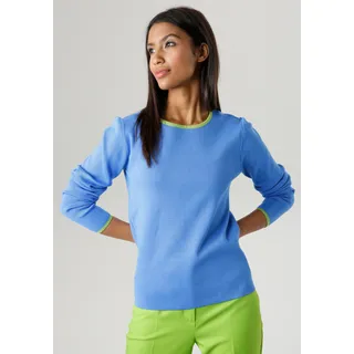 Strickpullover ANISTON SELECTED Gr. 36, bunt (blau, apfelgrün) Damen Pullover Feinstrickpullover mit kontrastfarbenen Streifen - NEUE KOLLEKTION