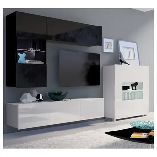 Lomadox Wohnwand CAIRNS-132, (4-St., Highboard Lowboard Stauraumschrank), in weiß & schwarz Hochglanz, inkl. LED-Beleuchtung, grifflos schwarz|weiß