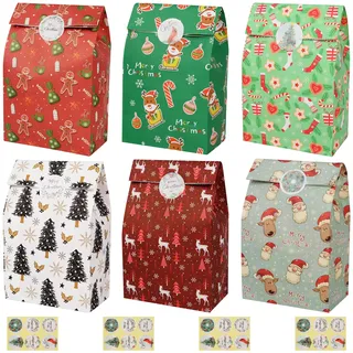 AWCIGG 24 Stück Papiertüten Weihnachten Kekstüten Papier Geschenktüten Kraftpapier Tüten zum Befüllen mit 24 Stück Aufklebern Geschenk Verpackung Kleine Paper Bags
