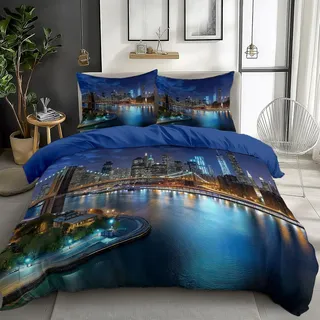 Quixora Bettwäsche New York City Nachtansicht Brooklyn Bridge Muster 155 x 220 cm Wendebettwäsche aus Mikrofaser für Mädchen und Damen, Dunkelblau, Mit 80x80 cm Kissenbezug und Reißverschluss