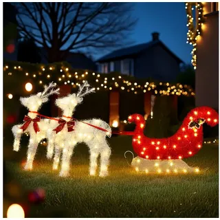LALAHO Weihnachtsfigur LED Rentier mit Schlitten Weihnachtsbeleuchtung, mit 90 LEDs, Rentier Weihnachten Deko für Außen und Innen weiß 60 cm