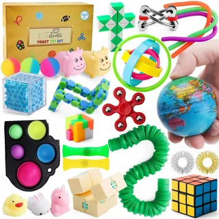Fidget Toy Set 27-TLG Anti Stress Spielzeug Pop It Set mit Squishy Mochi Stressball Fidget Spinner Anxiety Ring Anti Stress Ball Sensorik Toys | Geschenkbox für Kinder und Erwachsene
