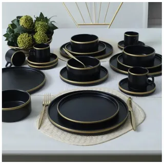 20-teiliges Tafelservice in Schwarz/Gold aus Steingut - Schwarz