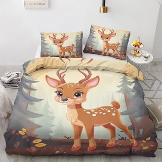 Hirsch Bettwäsche 135x200 Winter - Kinder Waldtiere Bettbezug 135 x 200 2er Set, Wendebettwäsche und Kissenbezug 80x80, Weiche & Angenehme & Warme Mikrofaser Bettwäsche-sets mit Reißverschluss