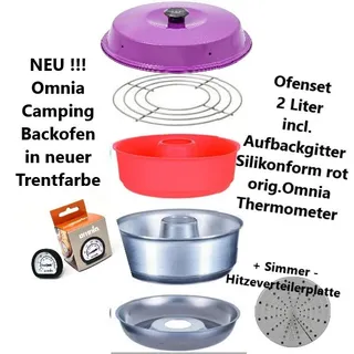 Omnia Backofenset 2 Ltr Lila Aufbackgitter Simmerplatte Silikonform Thermometer