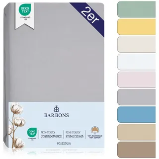 BARBONS Spannbettlaken 60x120 für Baby, Jersey Bettlaken Babybett, Kinderbett, (2 Stück), 100% Baumwolle grau 60 cm x 120 cm