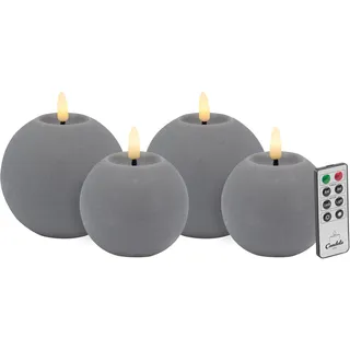 Candela Lights LED Kerzen 4er Set Kugelkerze grau rustic Echtwachs mit Fernbedienung Timer Funktion & mehrstufig dimmbar flammenlos Echtwachskerzen