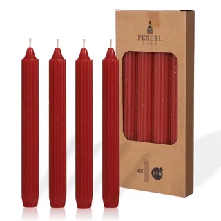 COMFORDER Stabkerzen Set, 4x Tafelkerzen einfarbig + gerippt, 20cm, 7 Stunden Brenndauer (Rot)