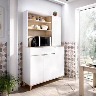 Dmora Sideboard Sparavero, Buffet Speisekammer für Wohnzimmer, Moderne Anrichte mit 4 Türen, 120 x 40 x 191 cm, Weiß und Eiche
