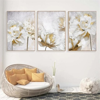Herfair 3 Teilig Leinwandbilder Poster Set Weiß Golden Blume Bilder, Vintage Aesthetic Wandbilder Bilder Wanddeko für Wohnzimmer Schlafzimmer (50x70cm)