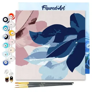 Figured'Art Mini Malen Nach Zahlen Erwachsene Mit Rahmen 20x20cm Kleines Format - Bläuliche Blumenatmosphäre - Paint by Numbers Basteln DIY Bastelset Leinwand gespannt auf Holzrahmen