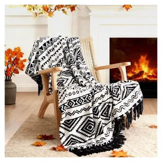 Boho-Überwurfdecke – schwarz und weiß, dekorative Decken mit Quasten, bedruckter Flanell, Bohemian-Überwurfdecke für Stuhl, Bett, Sofa, Couch...
