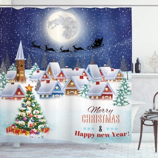 ABAKUHAUS Weihnachten Duschvorhang, Winter-Himmel-Mond-Stern, Stoffliches Gewebe Badezimmerdekorationsset mit Haken, 175 x 180 cm, Weiß