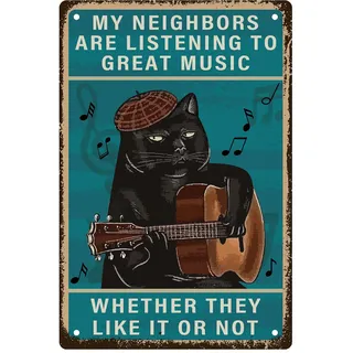 CREATCABIN Metallschilder Katzengitarre,Rockmusik,Blechschild,Vintage-Plaketten,Retro-Poster,Dekor,Galerie,Wandkunstdruck,Hängendes Gemälde Zitaten Für Kaffee,Bar,Zuhause,Cafés,Männerhöhle,8x12Zoll