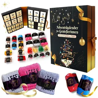 Lucadeau Adventskalender 2025 Damen - Socken Adventskalender Frauen, Luxus Weihnachtskalender, Gr. 37-43, Premium Socken mit Spruch, schöne Anhänger zu Weihnachten schwarz