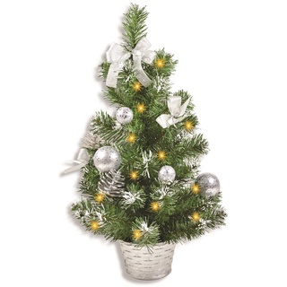 RIFFELMACHER & WEINBERGER Riffelmacher 20258 Geschmückter Weihnachtsbaum, beleuchteter 50 cm großer silberner Weihnachtsbaum mit Lichterketten, Schleifen, Christbaumkugeln
