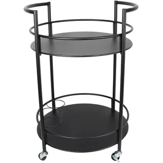 FRANK FLECHTWAREN Servierwagen Bar, runde Form, schwarz lackiertes Metall, Zwei Ablageflächen, DREI Flaschenhalterungen, Schwarze Kunststoffrollen, Maße: Ø 46 cm, GH 69 cm