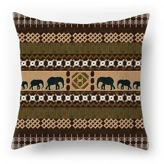 Kissenbezug, Motiv: Löwe, Elefant, Giraffe, Ethnodruck, beidseitig bedruckt, dickes Baumwollleinen, 120 g, 45 x 45 cm, Braun, Baumwoll-Leinen, 02, 45 x 45 Centimeters