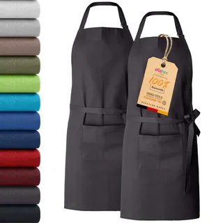 EllaTex DOPPELPACK Damen/Herren/Unisex Schürze Kochschürze Kellnerschürze Bistroschürze Küchenschürze Grillschürze Latzschürze 100% Baumwolle, Farbe: 2er PACK Anthrazit-grau - 75x85cm