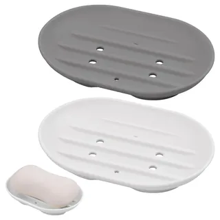 KYSUN 2 Stück Ovale Silikon Seifenschale mit Ablauf, Rutschfest und Robust für Badezimmer, Küche, Dusche, Soft Seifenschalen für Hält Seife Trocken (Weiß + Grau)