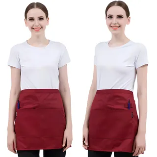 2 Stück Köche Schürze, Vorbinder Schürze mit 2 Taschen, Kurz Koche Schürzen, Kellnerschürze Grillschürze Baristaschürze für Herren Damen, Halbe Schürzen für Küche Kochen Backen, 58×43cm (Weinrot) - 58×43 cm